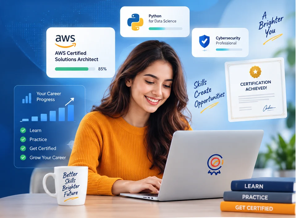 Learner preparing for AWS, cybersecurity and other IT certification exams with CertOcean